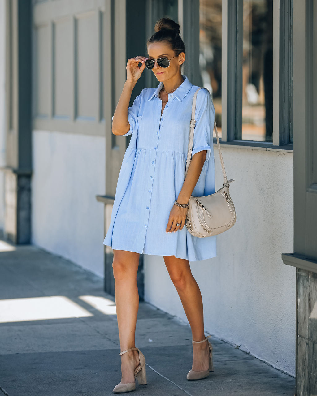 Hails Linen Blend Button Down Shirt Dress - Baby Blue