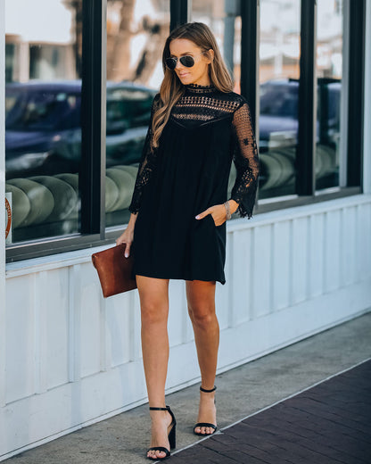 City Of Love Pocketed Crochet Lace Dress - Black