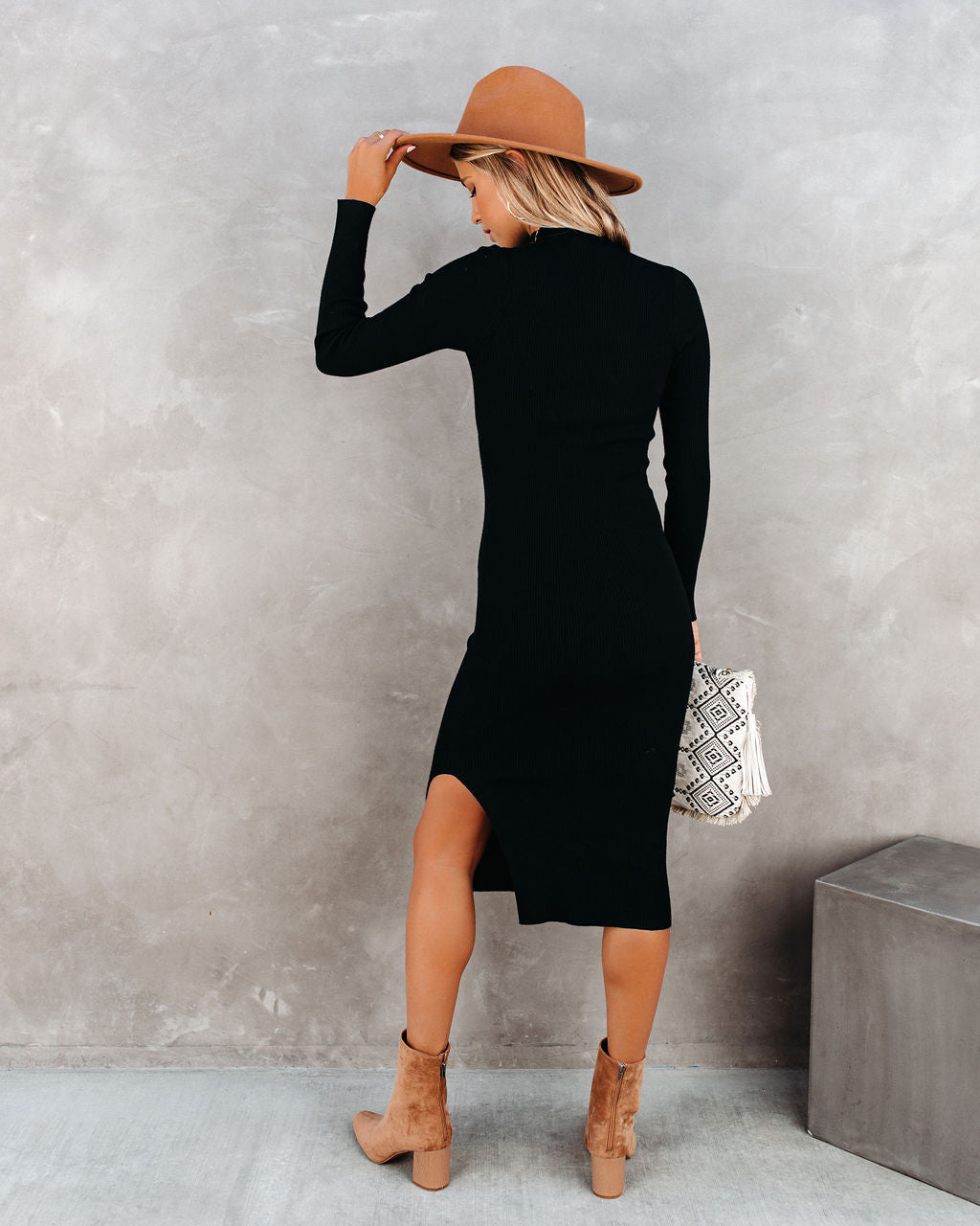 Newtown Mock Neck Knit Midi Dress - Black