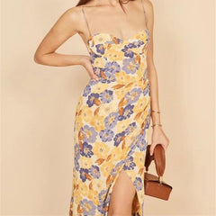 Fauve Floral Satin Cowl Neck Midi Dress - Yellow