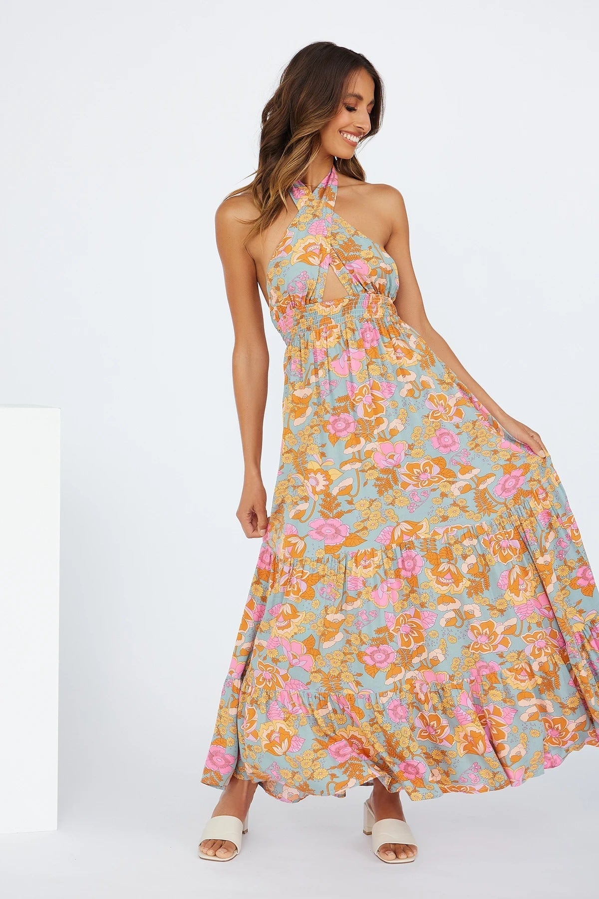 Love Games Printed Backless Halter Maxi Dress