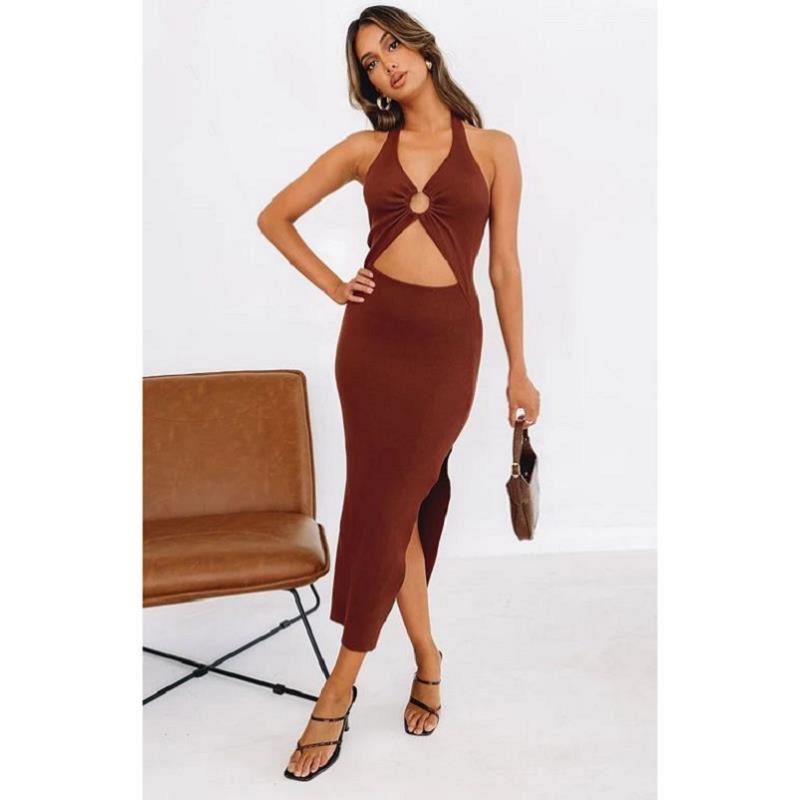 Cotton Cutout Halter Midi V-Neck Dress