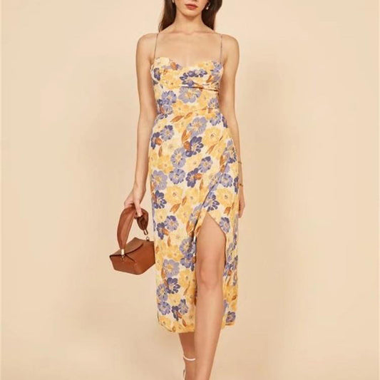 Fauve Floral Satin Cowl Neck Midi Dress - Yellow