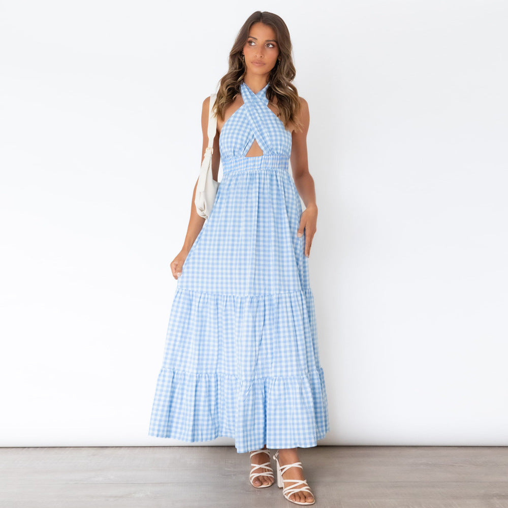 Pom Cotton Gingham Halter Midi Dress - Blue