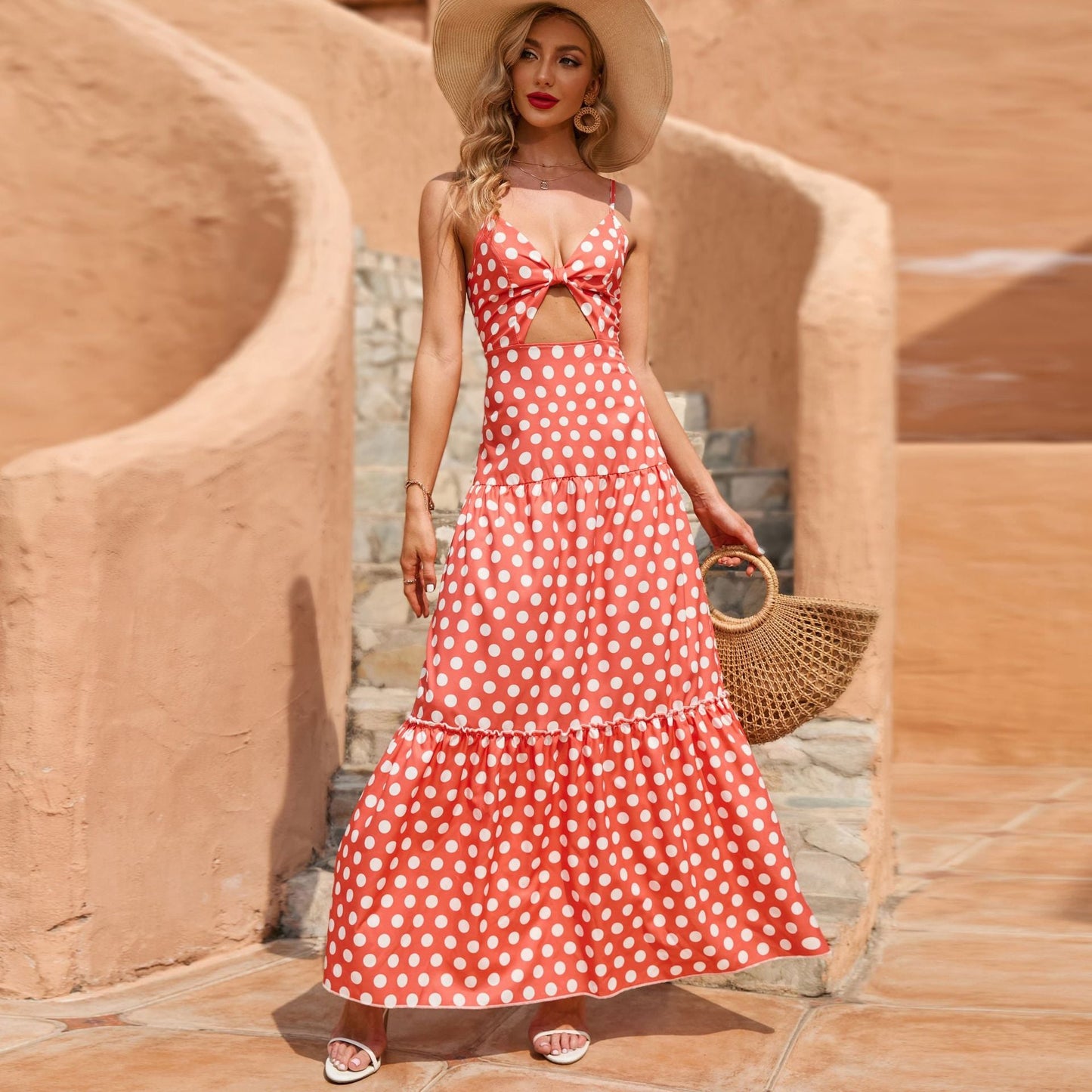 Torrie Polka Dot Tie Front Maxi Dress - Rust - FINAL SALE