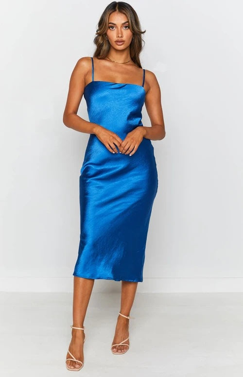 Night To Remember Satin Maxi Dress - Robin Blue