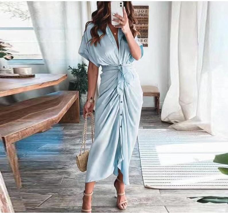 Essence Satin Tie Front Midi Shirt Dress - Steel Blue