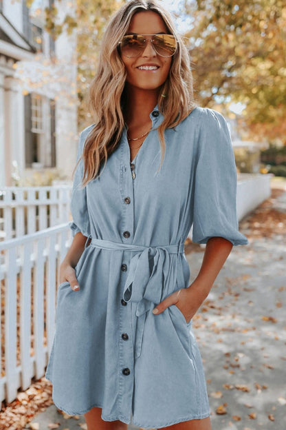 Hugo Tencel Pocketed Chambray Shirt Dress