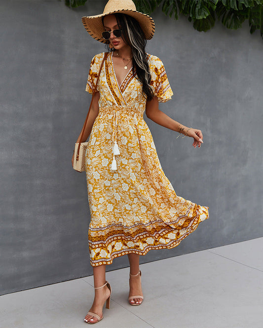 Nadine Floral Smocked Maxi Dress - Mustard