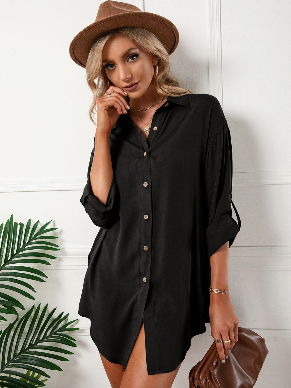 Jeanette Button Down Tunic Top - Black