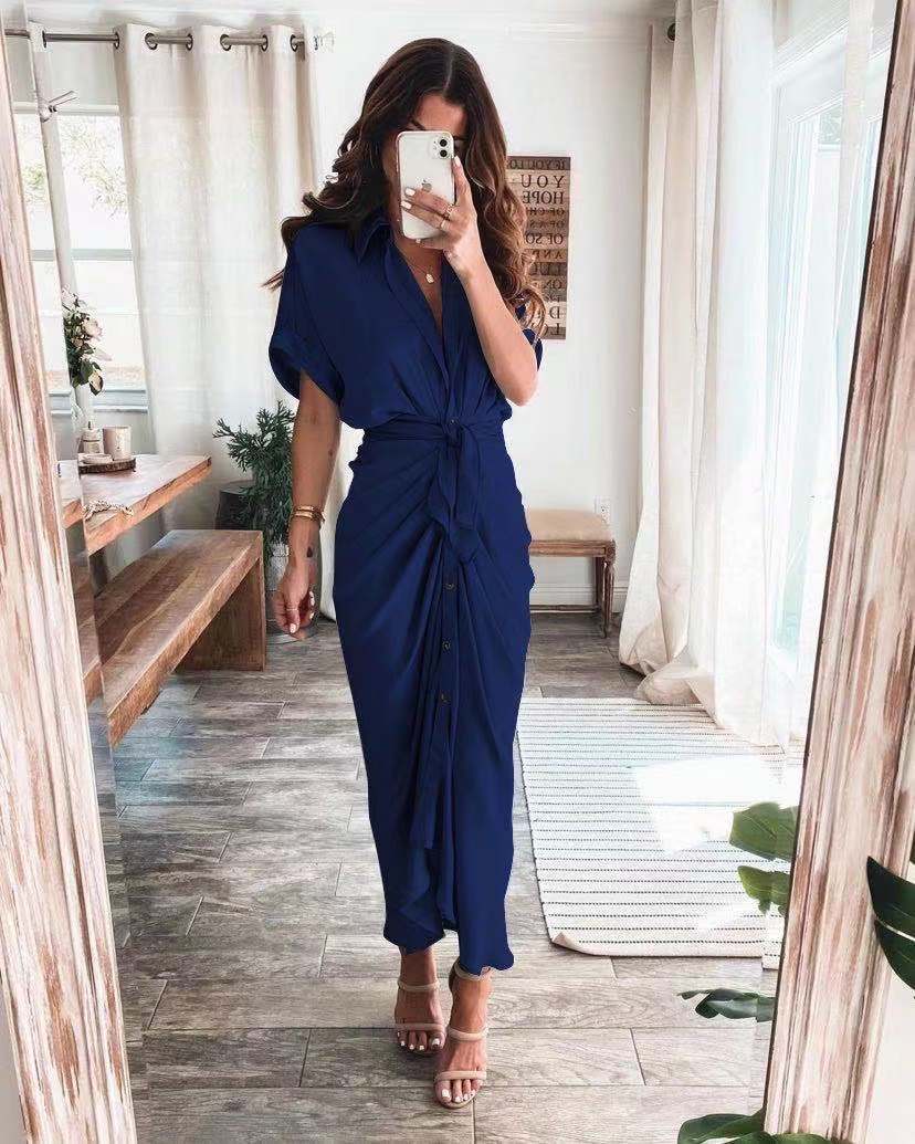 Luv Satin Tie Front Midi Shirt Dress - Blue