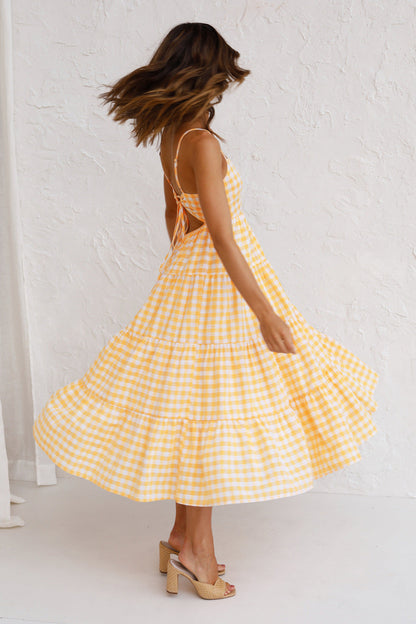 Kinslee Smocked Gingham High Low Maxi Dress - Yellow