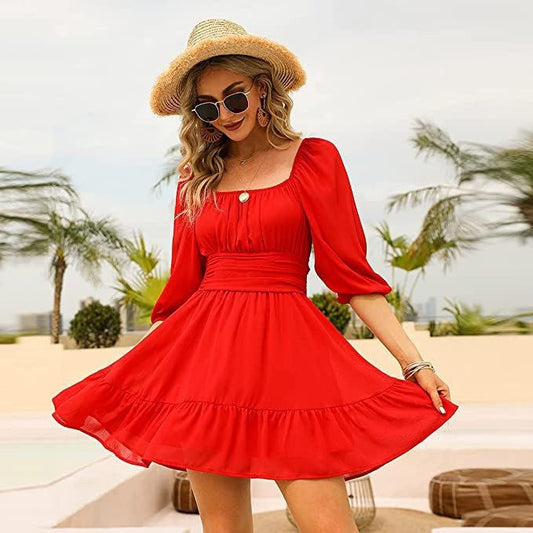 Blythe Gathered Puff Sleeve Dress - Red