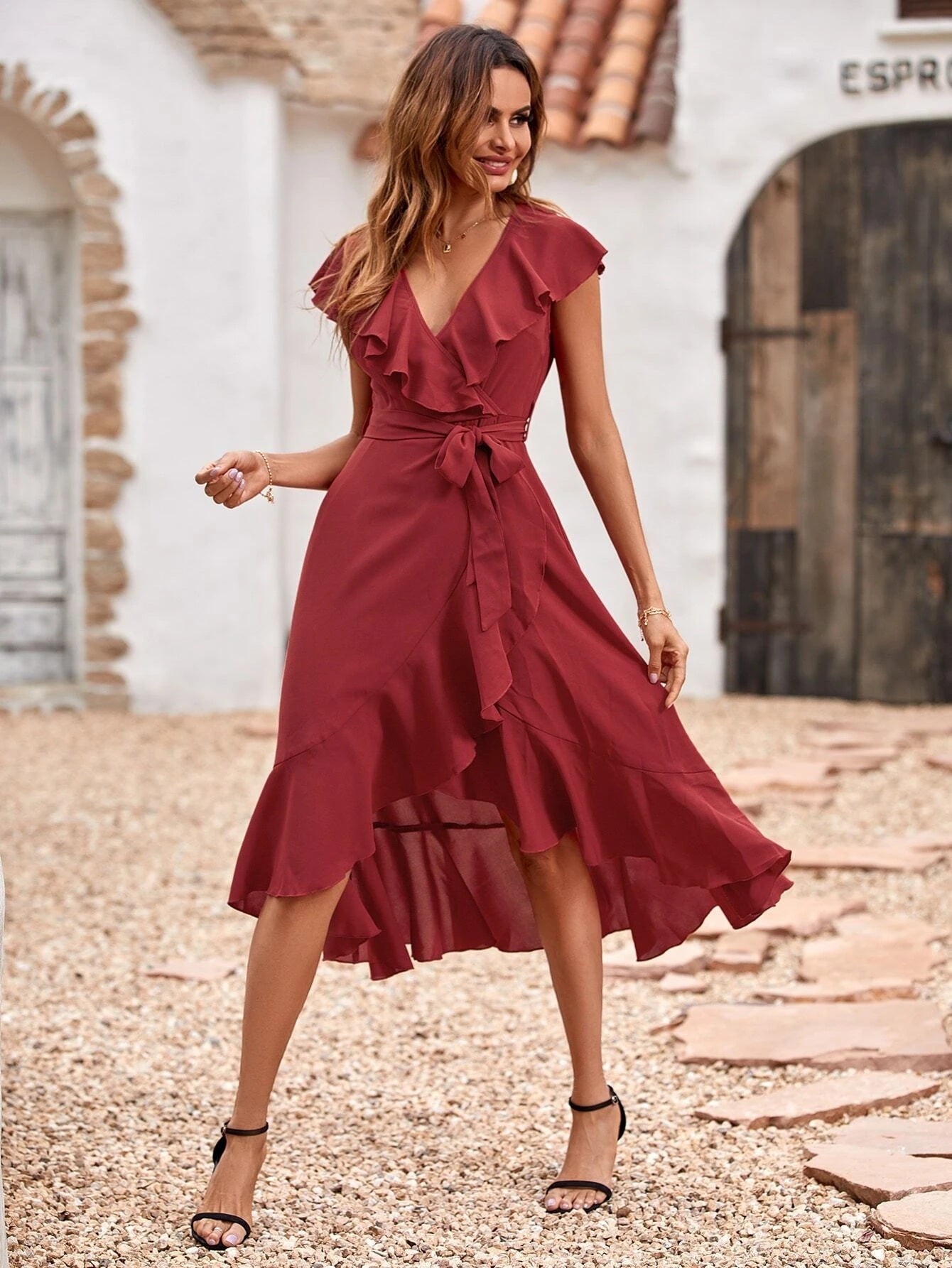 Red Carpet Ruffle Wrap High Low Maxi Dress - Maroon - FINAL SALE