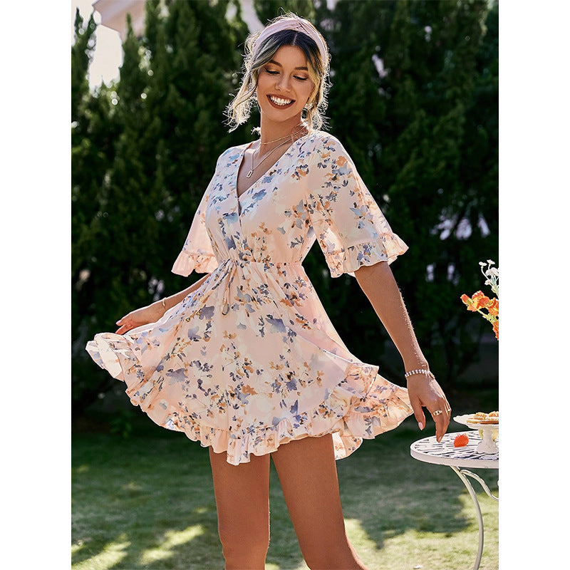 Emma Floral Bell Sleeve Ruffle Dress