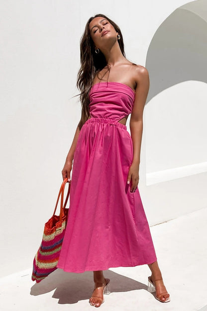 Head Over Heels Strapless Satin Maxi Dress - Pink