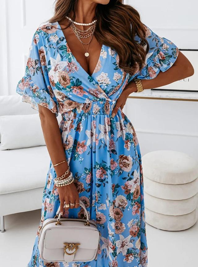 Bodey Floral Tiered Cutout Maxi Dress - Light Blue