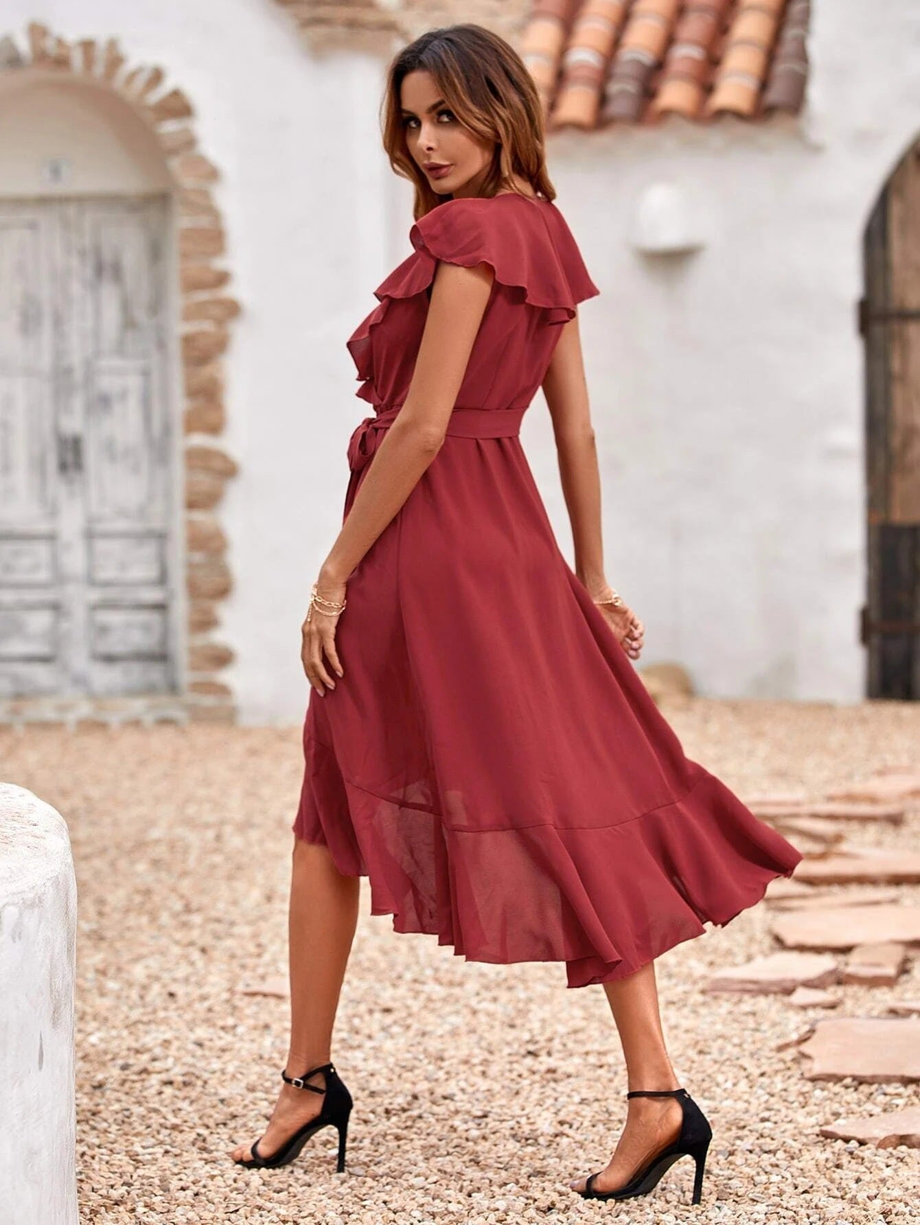 Red Carpet Ruffle Wrap High Low Maxi Dress - Maroon - FINAL SALE