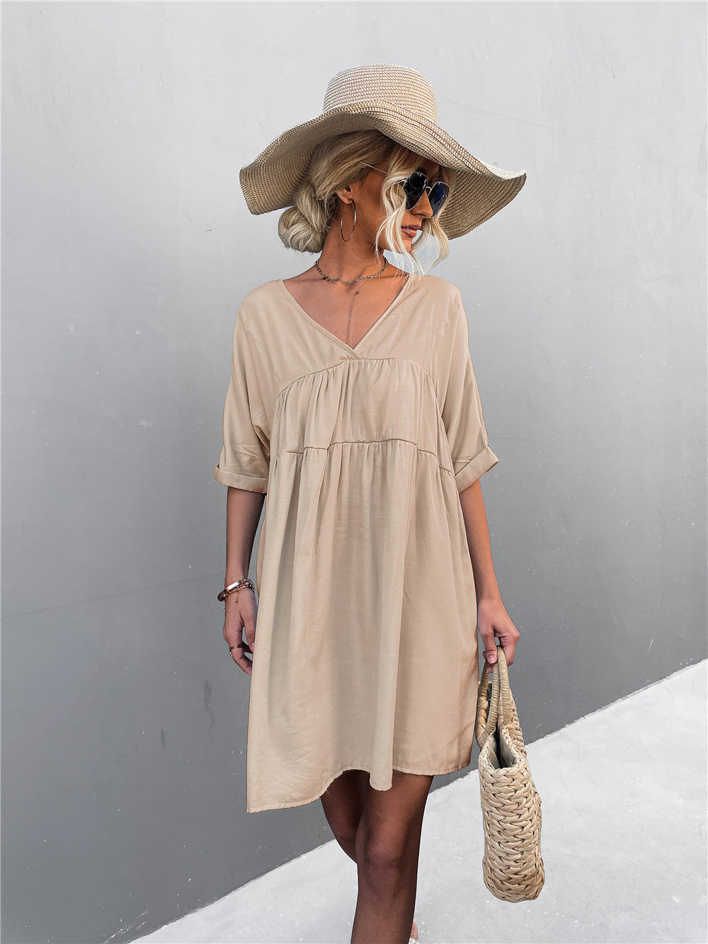 Goodness Cotton Pocketed Babydoll Dress - Khaki