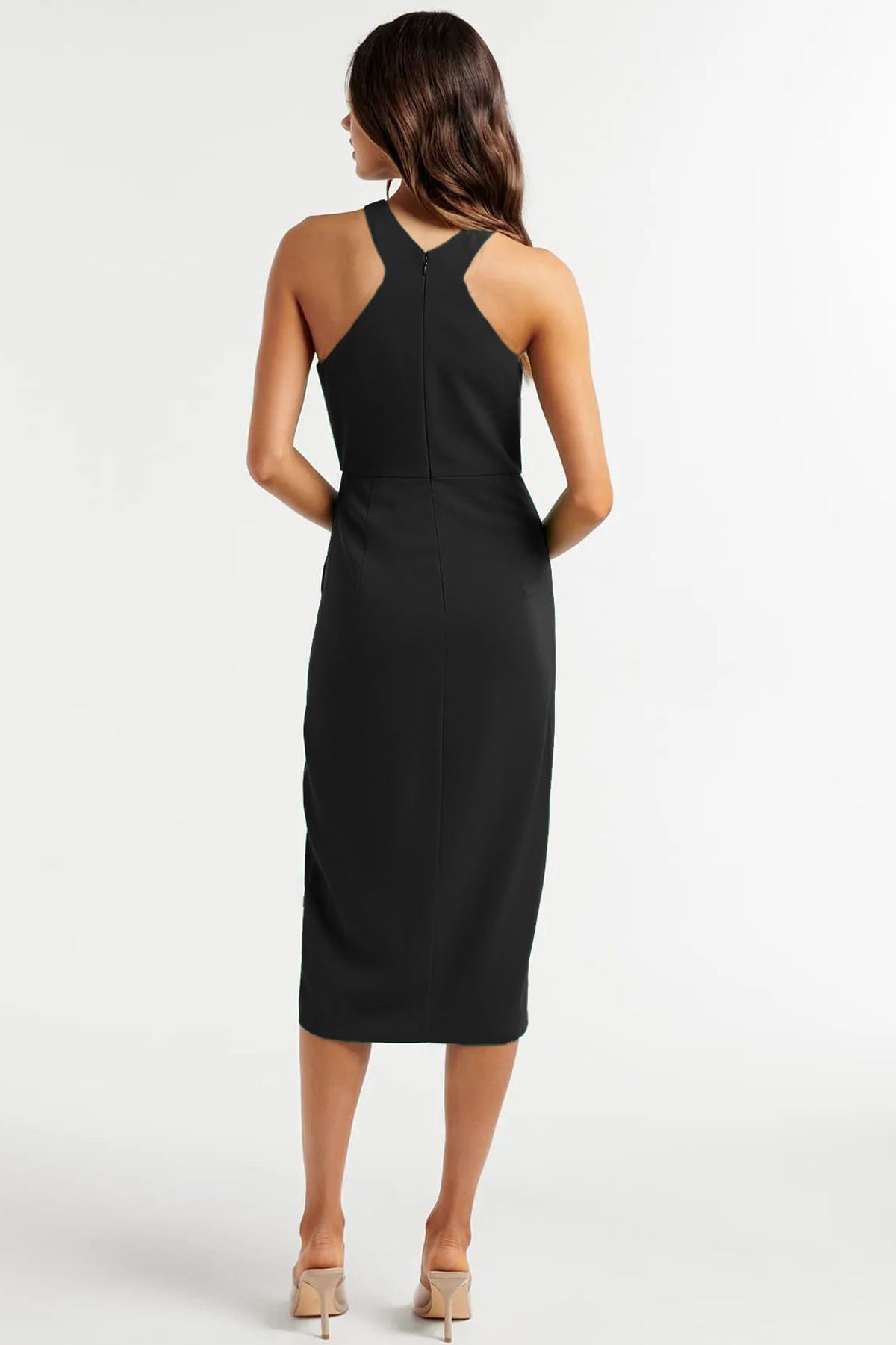 Havyn Satin Asymmetrical Halter Midi Dress - Black