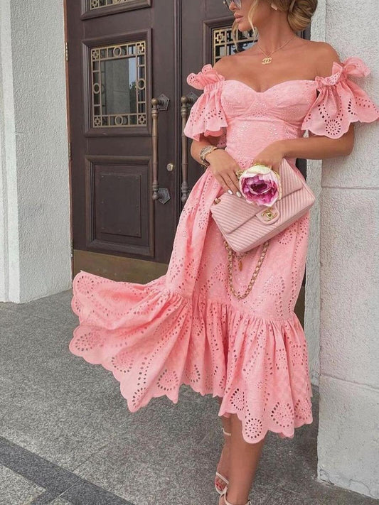 Srping fashion off shoulder off shoulder lace dress women's dress Hip Wrap Ruffle Dress Fall party dress Ins Street