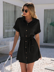 Ginnie Pintuck Button Down Shirt Dress - Black