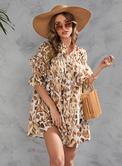 Hilltop Printed Button Down Shirt Dress