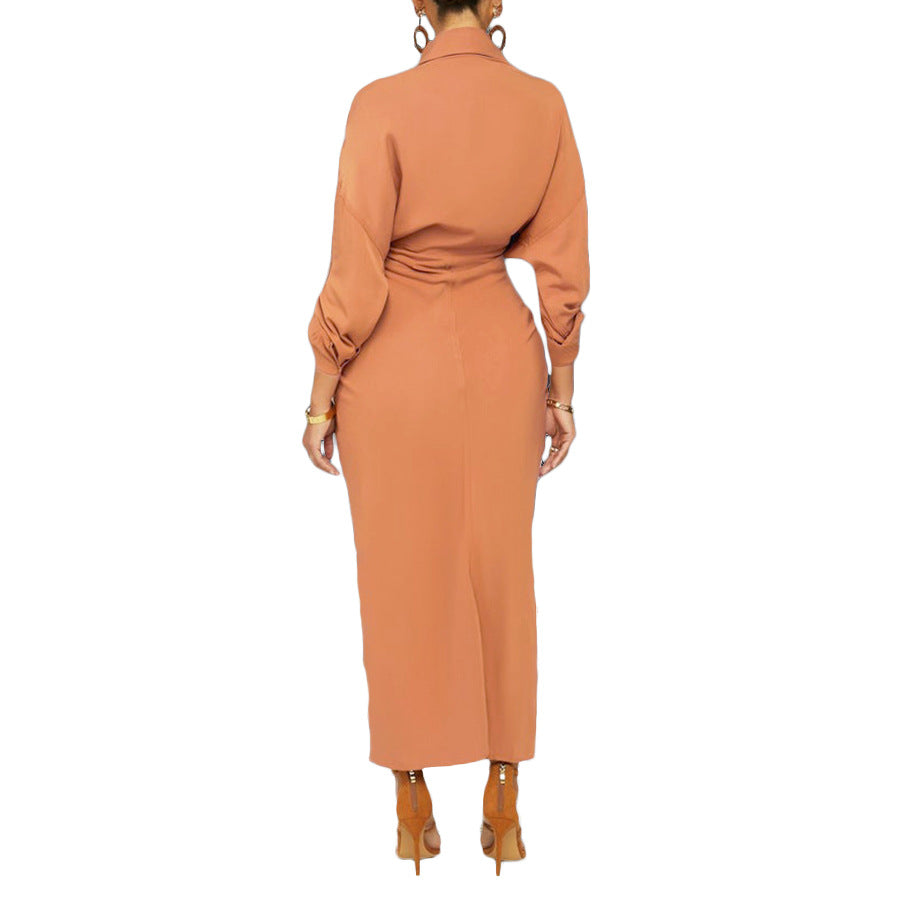 Essence Satin Tie Front Midi Shirt Dress - Orange