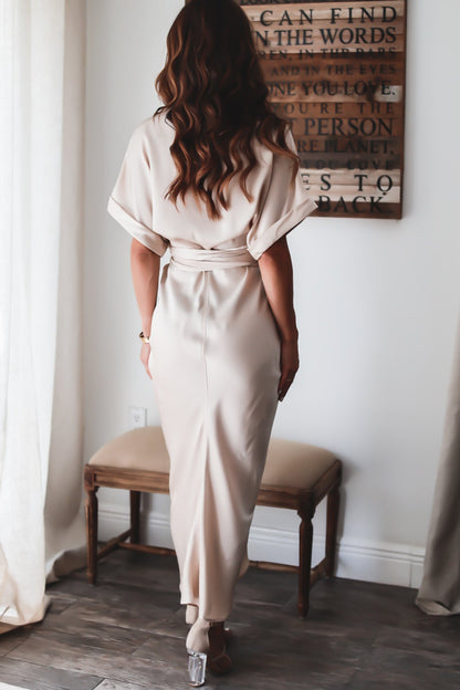 Luv Satin Tie Front Midi Shirt Dress - Champagne