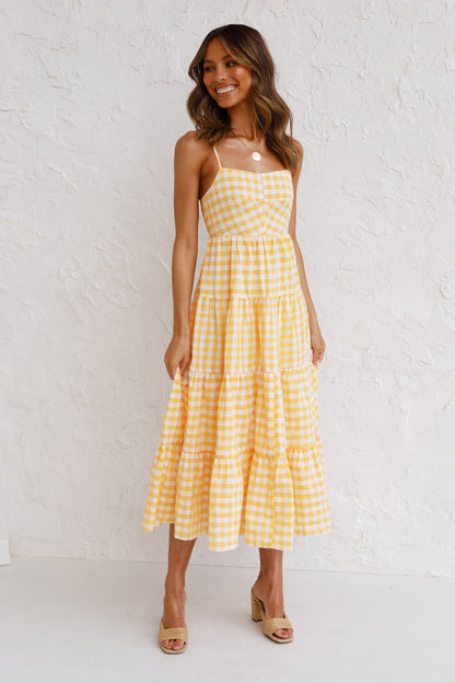 Kinslee Smocked Gingham High Low Maxi Dress - Yellow