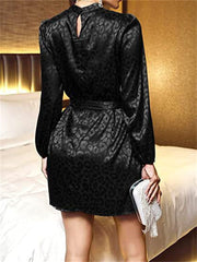 Vicky Satin Embossed Belted Shirt Dress - Black