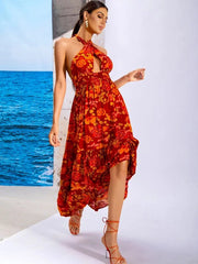 Plum Floral Backless Halter Mini Dress