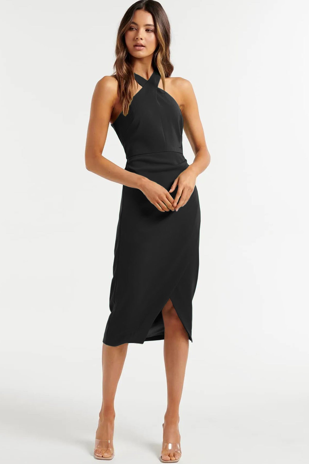 Havyn Satin Asymmetrical Halter Midi Dress - Black