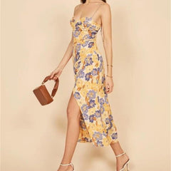 Fauve Floral Satin Cowl Neck Midi Dress - Yellow