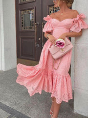 KittenAlarm - Srping fashion off shoulder off shoulder lace dress women's dress Hip Wrap Ruffle Dress Fall party dress