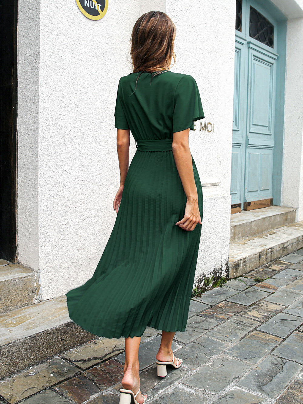 Josefa Satin Pleated Midi Dress - Emerald - FINAL SALE