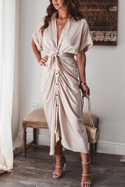 Luv Satin Tie Front Midi Shirt Dress - Champagne