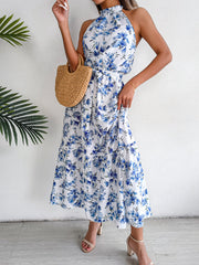 Sure Thing Floral Chiffon Halter Maxi Dress - Blue - FINAL SALE