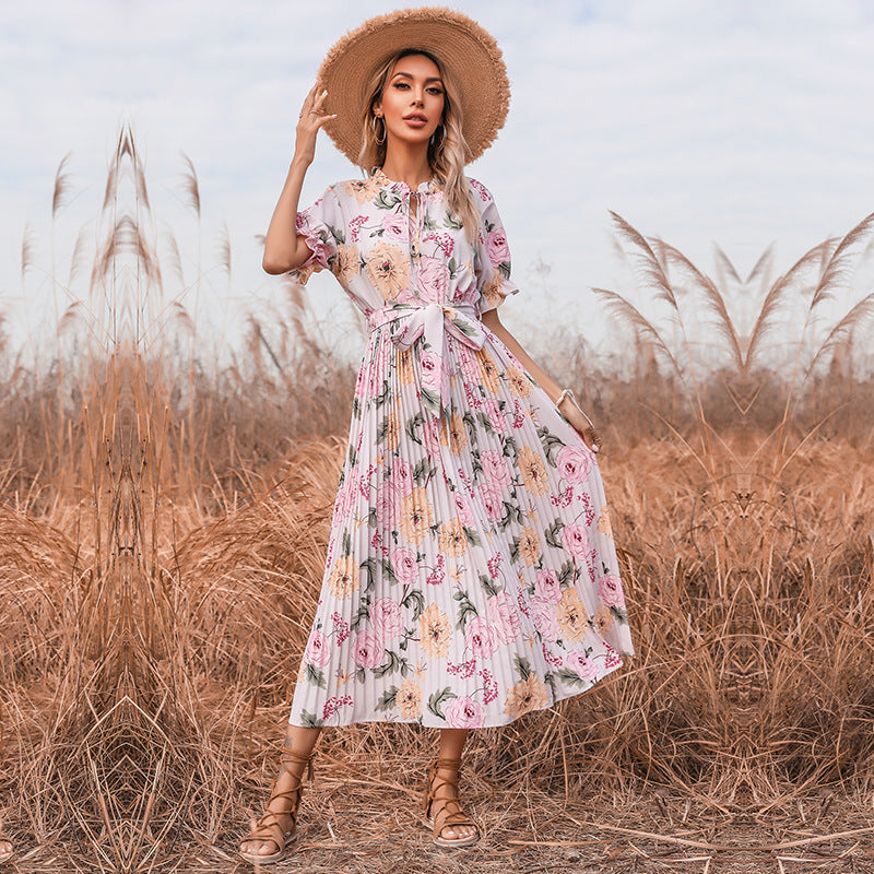 PREORDER - Quiet Escape Floral Pleated Midi Dress - Ivory