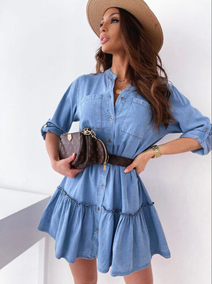 Dallas Puff Sleeve Denim Button Down Dress - Medium Indigo