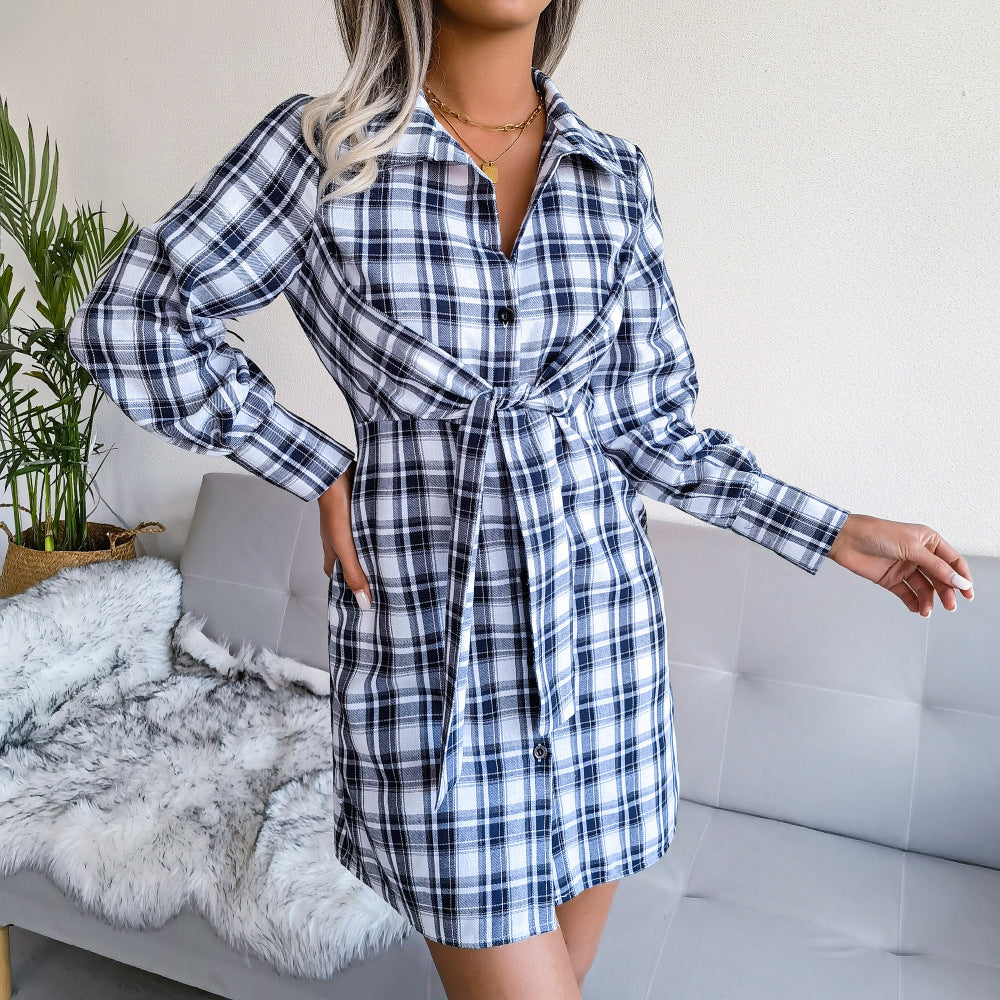 Klay Cotton Plaid Button Down Shirt Dress - Blue - FINAL SALE