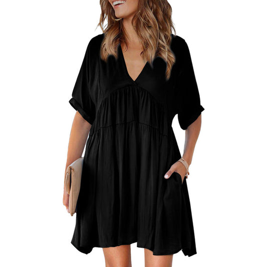 Oatland Cotton Pocketed Babydoll Dress - Washed Black