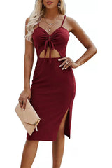 Impeccable Tie Front Ruffle Midi Dress - Red