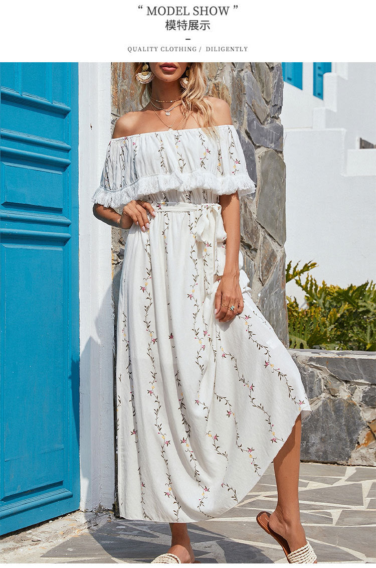 Villa Embroidered Off The Shoulder Chiffon Midi Dress