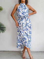 Sure Thing Floral Chiffon Halter Maxi Dress - Blue - FINAL SALE