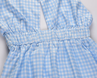 Pom Cotton Gingham Halter Midi Dress - Blue