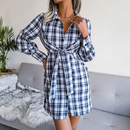 Klay Cotton Plaid Button Down Shirt Dress - Blue - FINAL SALE