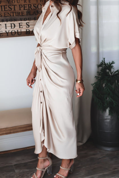 Luv Satin Tie Front Midi Shirt Dress - Champagne