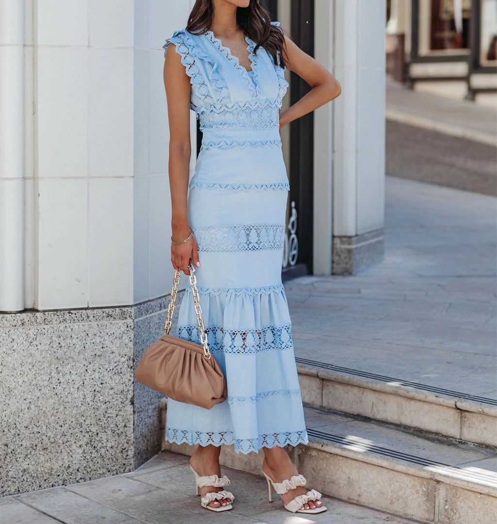 Jade Cotton Eyelet Tiered Maxi Dress - Chambray - FINAL SALE