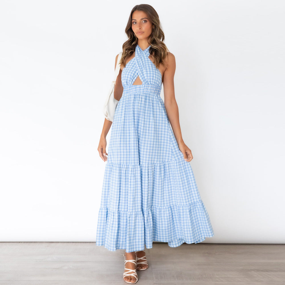 Pom Cotton Gingham Halter Midi Dress - Blue